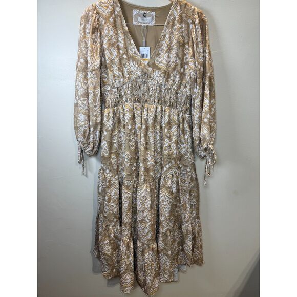 Cupio Orla V Neck Smocked Dress Women's Size Small Tan Casual Style NWT - Picture 5 of 12